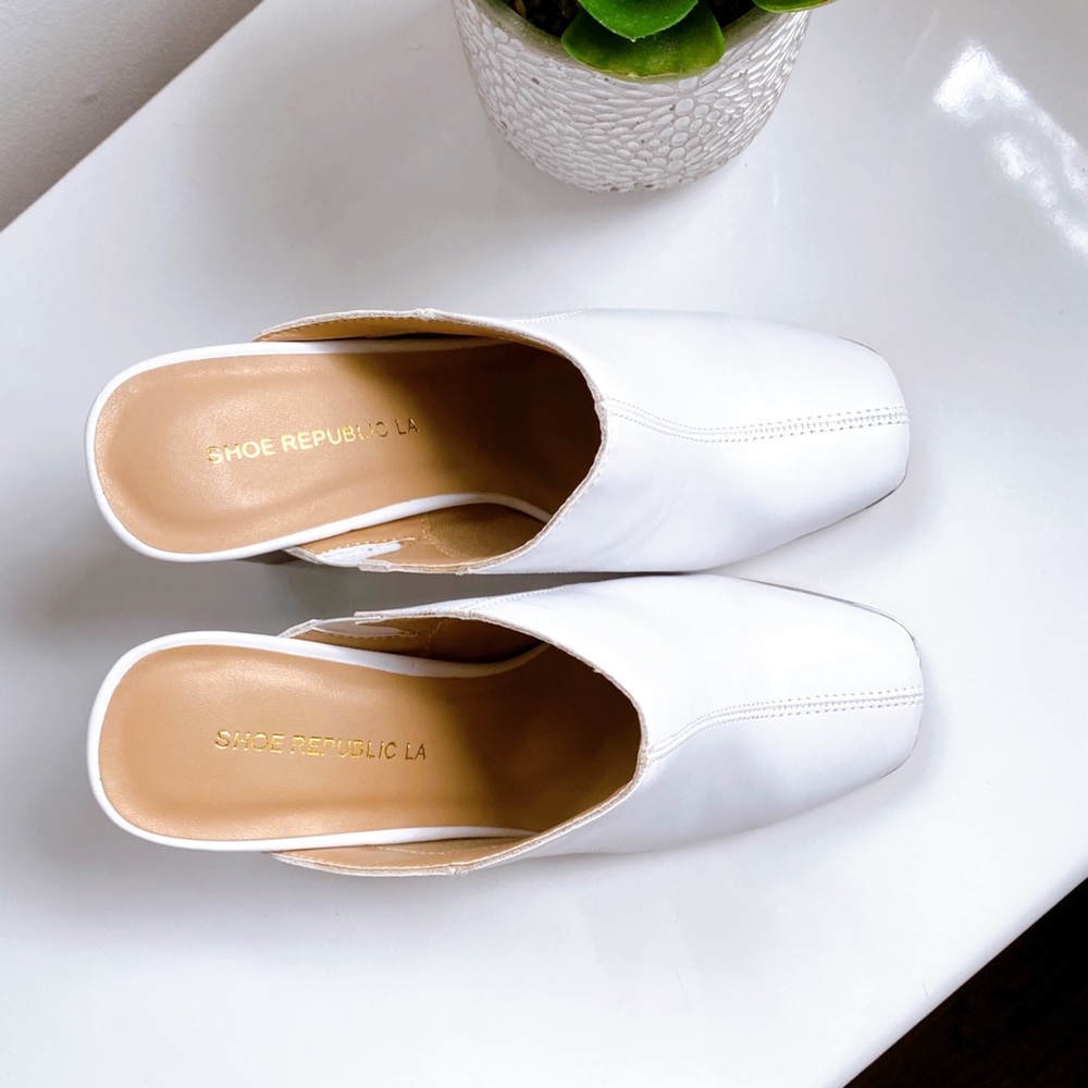 👡 WHITE FAUX LEATHER STITCHED CHUNKY HEEL MULES! - Picture 12 of 16